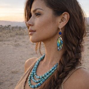 Handpainted feather earrings sterling wires indigo blue stone bead